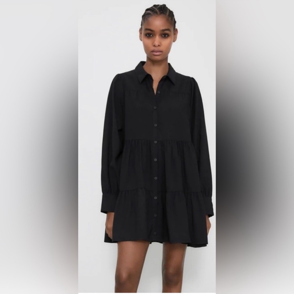 Zara Basic Denim Women's Long Sleeve Multi Tier Ruffle Black Shirt Dress. Size M
